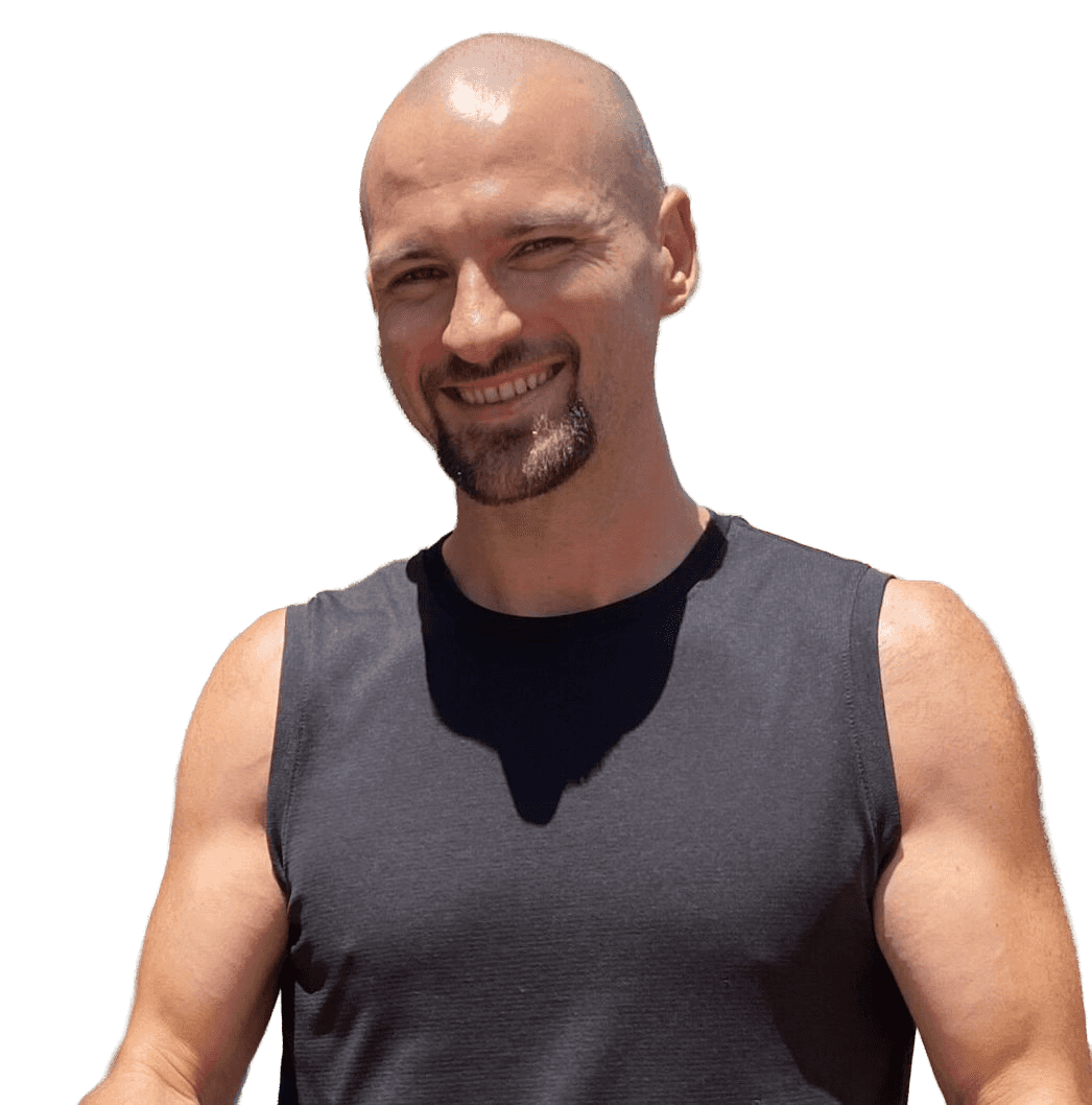 nick, a bald white man with a goatee wearing a black sleeveless shirt